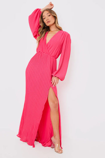 Plisse Ballon Sleeve Maxi Dress